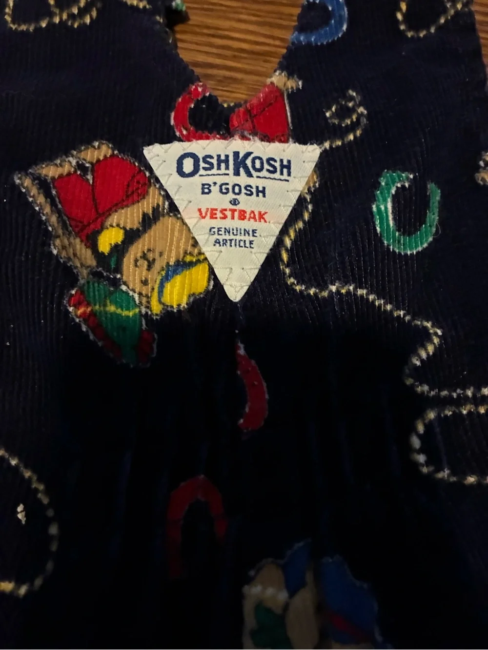 Vintage Oshkosh B’Gosh Navy Corduroy Overalls With Cowboy Teddy Bears, 18 MO